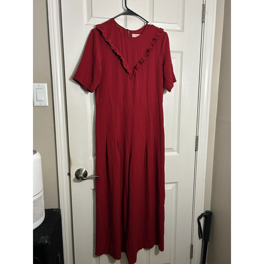 Traffic People Red Wide-Leg Jumpsuit Ruffle V-Neck Short Sleeve Medium